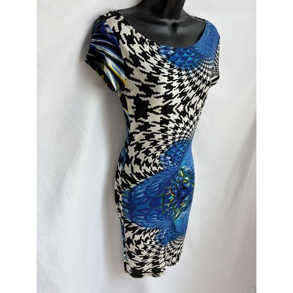 J Y2K Houndstooth Mini Bodycon Dress Size S Blue 2000s Floral Abstract Date Cute - Picture 3 of 9